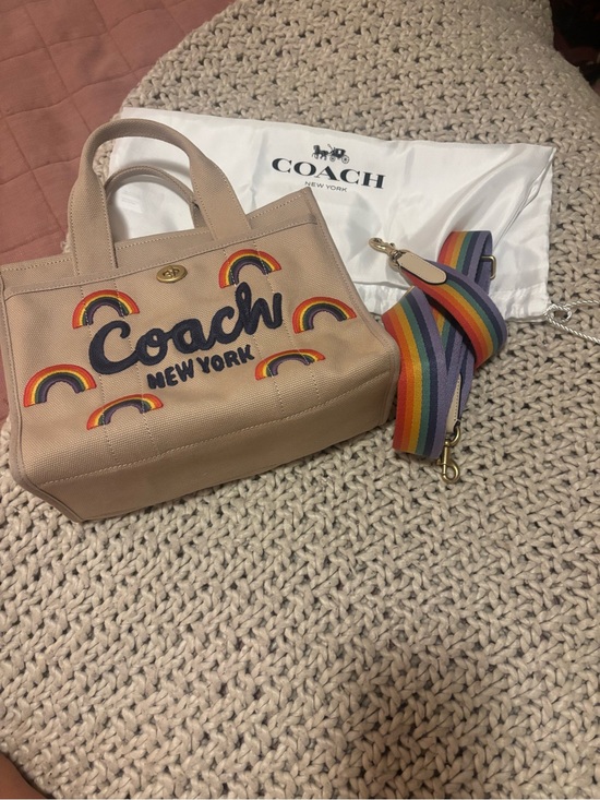 Coach Handbags - Coach Beige Canvas Tote with Rainbow Appliqués and Striped Strap